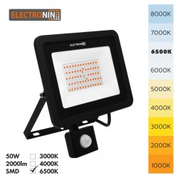 Proiector LED 50W  cu senzor, 5000lm, AC220-240V, 50/60 Hz, IP65, 120°, 6500K, negru, A+